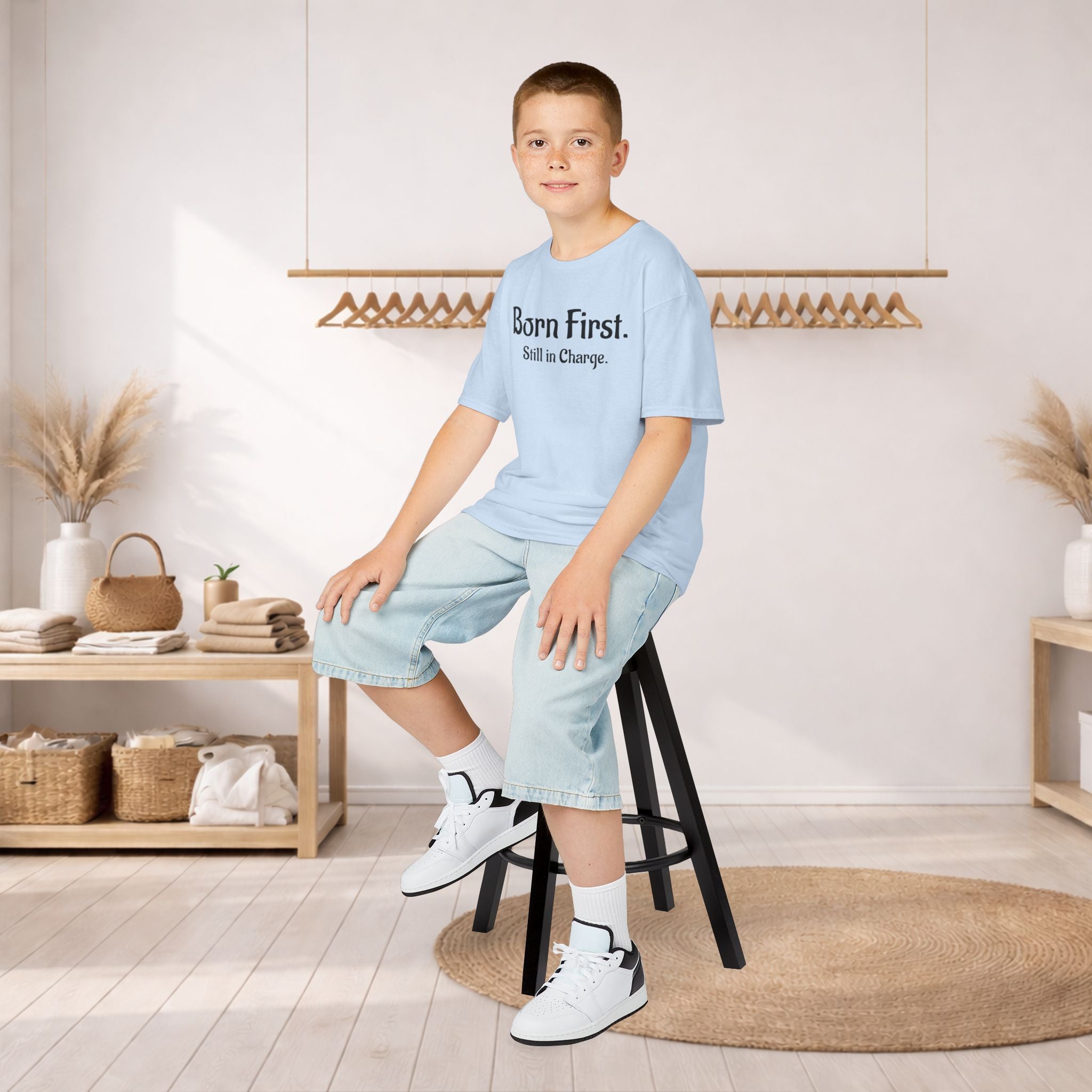 Kids Tee — "Born First. Still in Charge." Sibling Shirt
