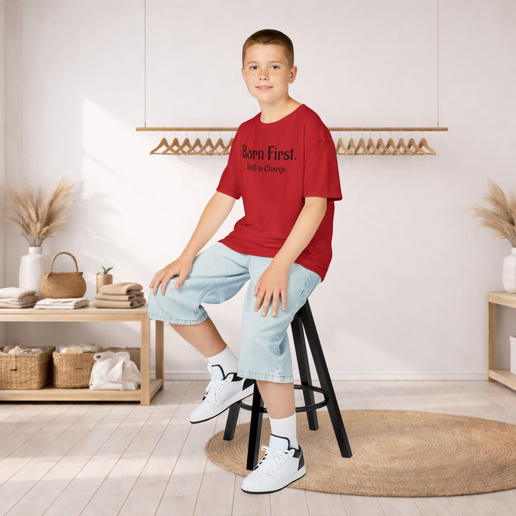 Kids Tee — "Born First. Still in Charge." Sibling Shirt