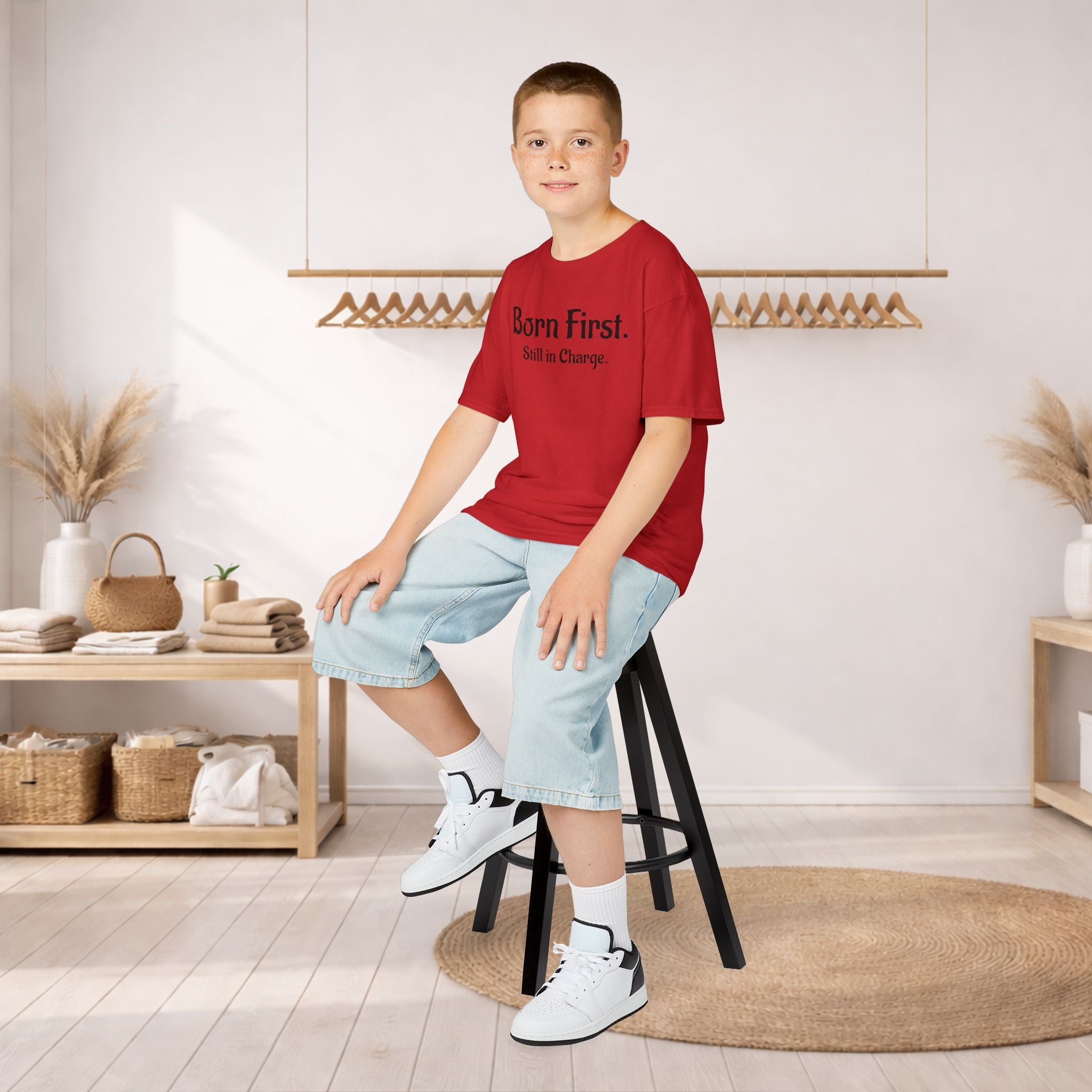 Kids Tee — "Born First. Still in Charge." Sibling Shirt