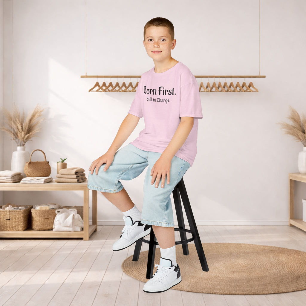 Kids Tee — "Born First. Still in Charge." Sibling Shirt