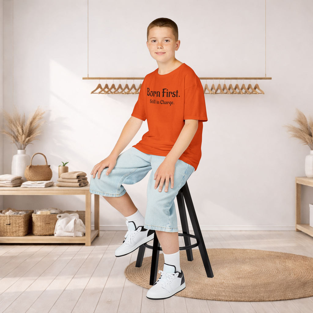 Kids Tee — "Born First. Still in Charge." Sibling Shirt