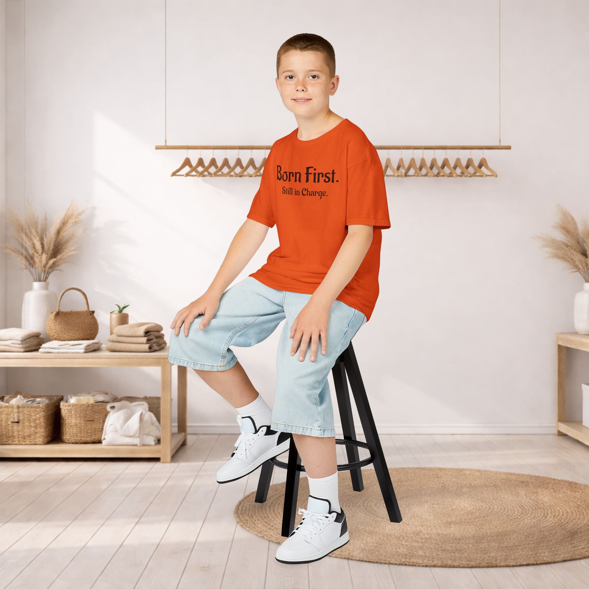 Kids Tee — "Born First. Still in Charge." Sibling Shirt