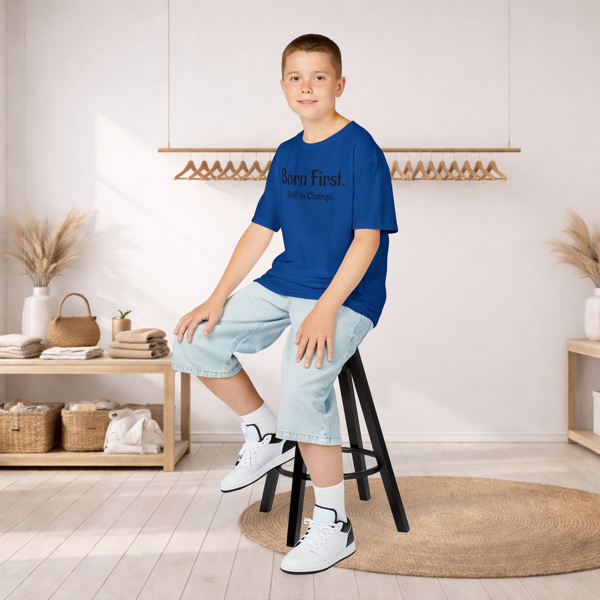 Kids Tee — "Born First. Still in Charge." Sibling Shirt