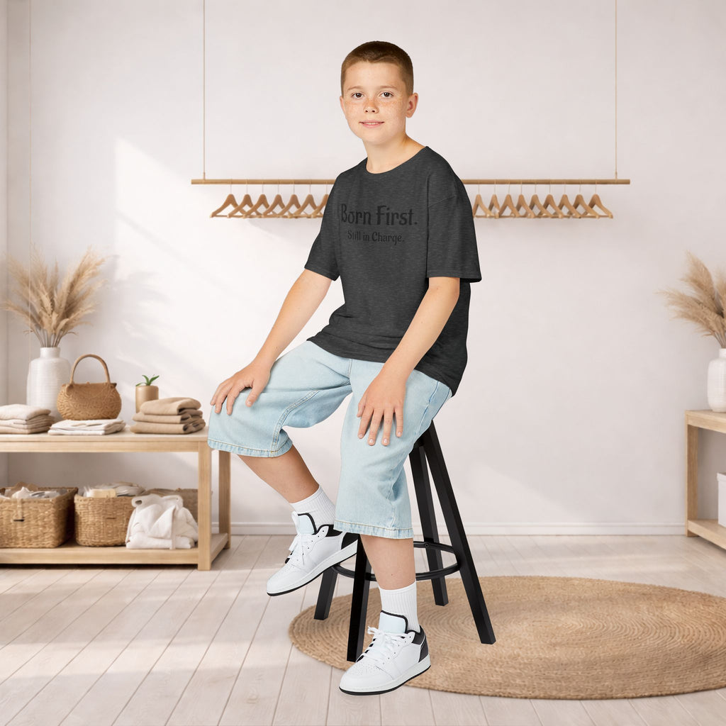Kids Tee — "Born First. Still in Charge." Sibling Shirt