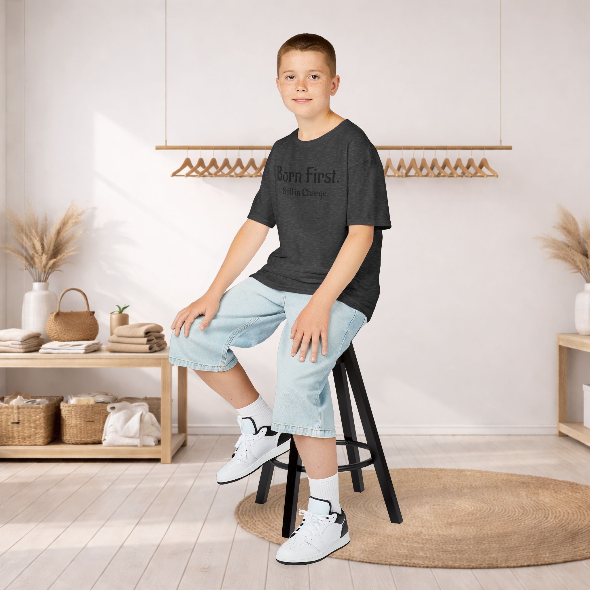 Kids Tee — "Born First. Still in Charge." Sibling Shirt