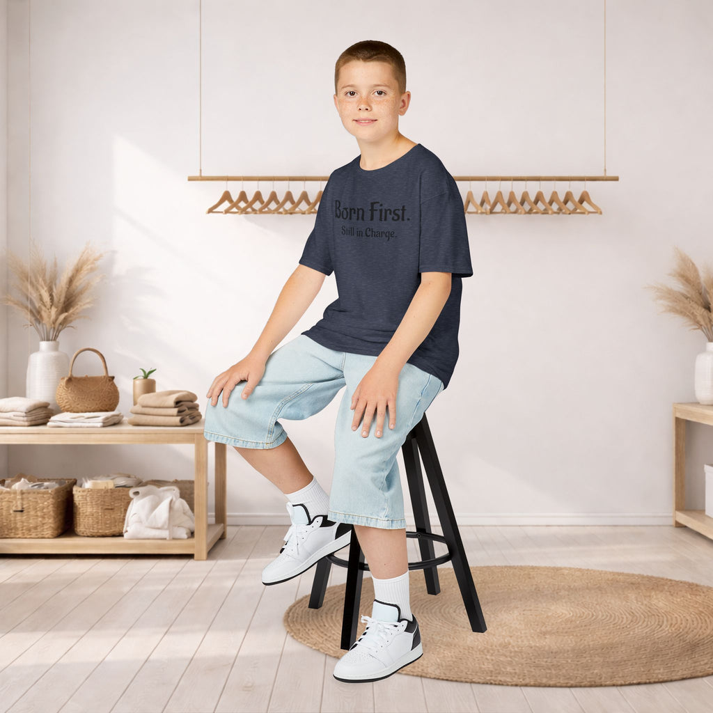 Kids Tee — "Born First. Still in Charge." Sibling Shirt