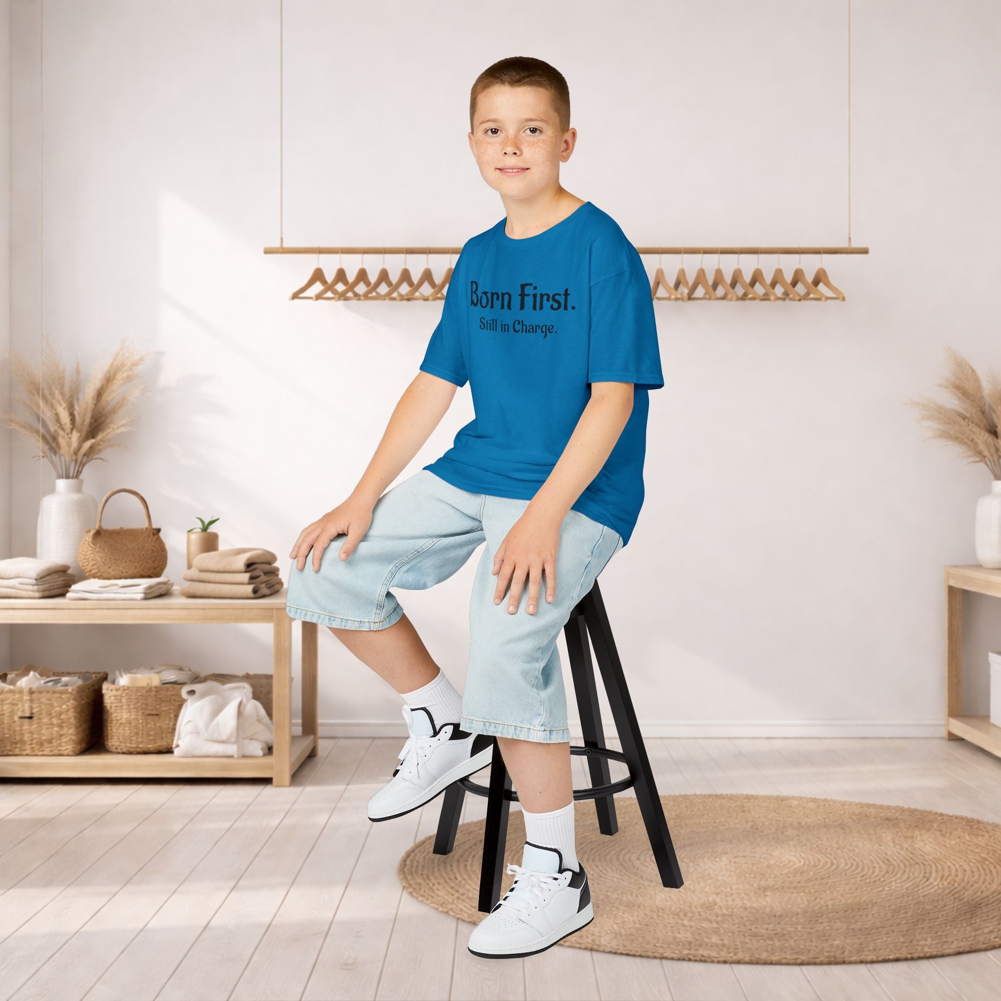 Kids Tee — "Born First. Still in Charge." Sibling Shirt