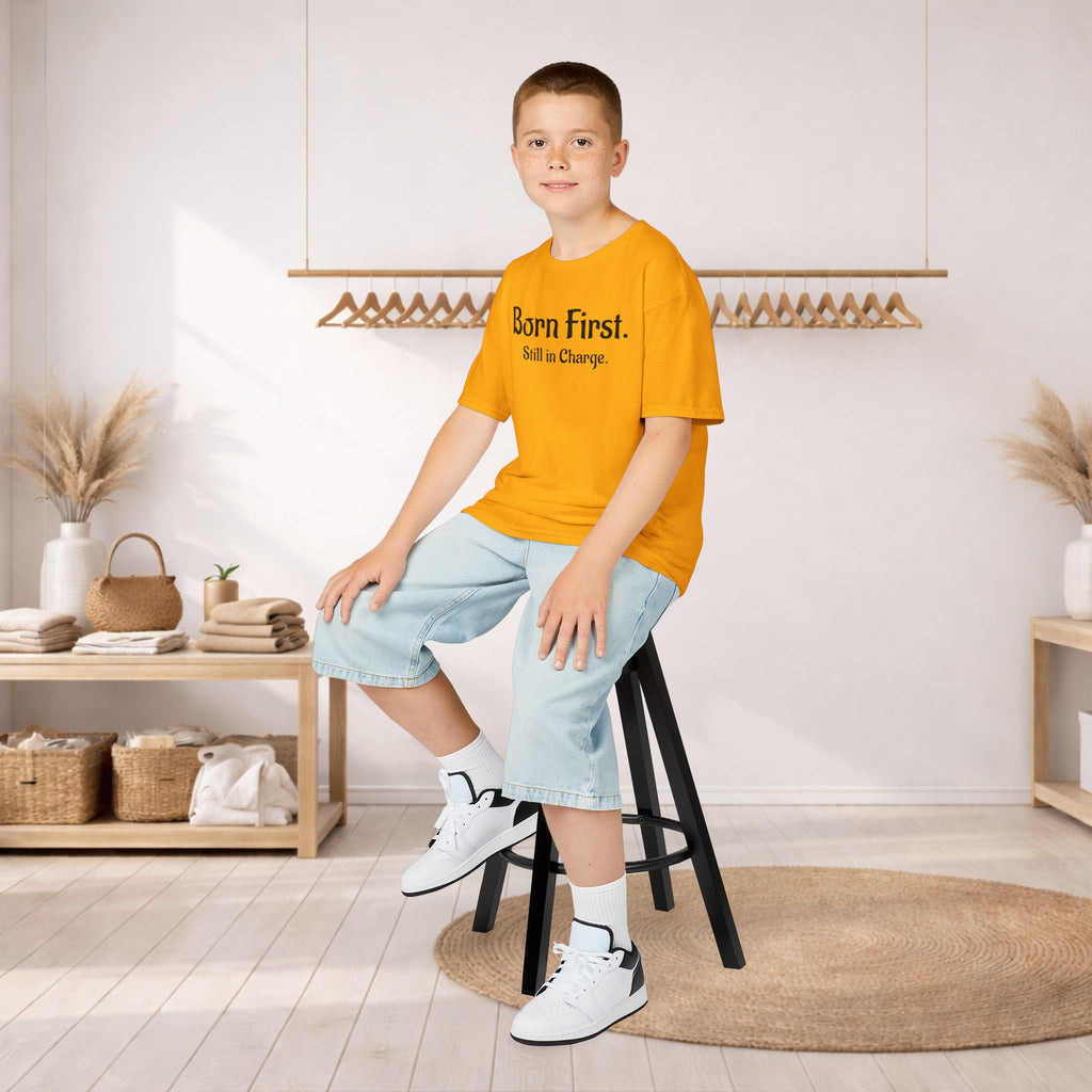 Kids Tee — "Born First. Still in Charge." Sibling Shirt