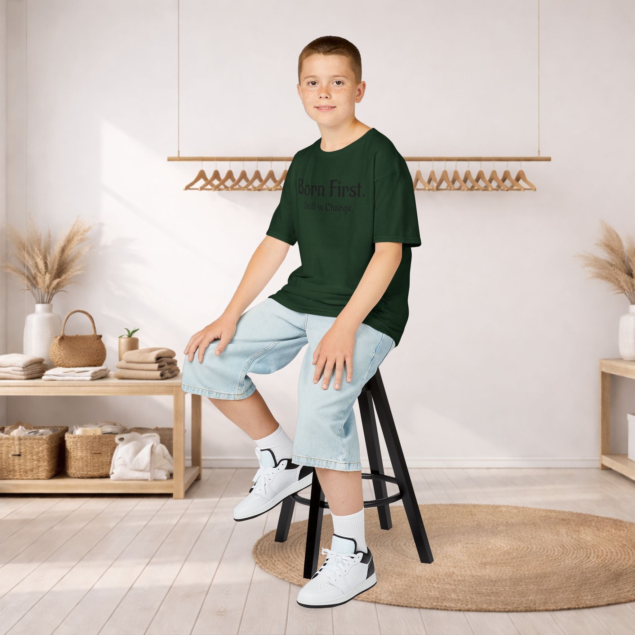 Kids Tee — "Born First. Still in Charge." Sibling Shirt