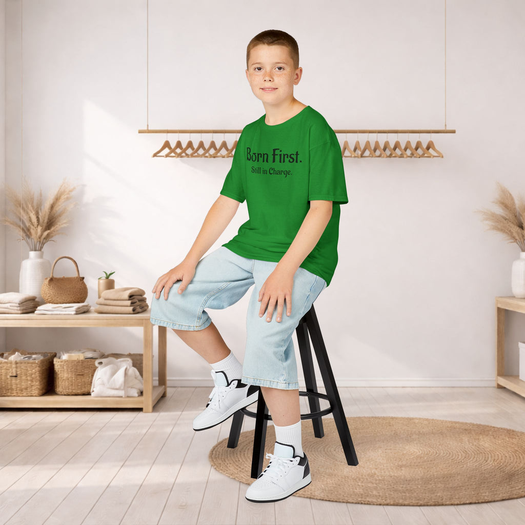Kids Tee — "Born First. Still in Charge." Sibling Shirt
