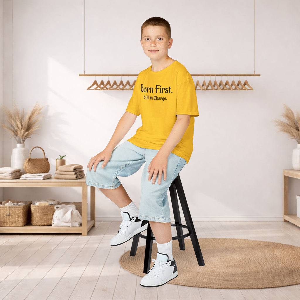 Kids Tee — "Born First. Still in Charge." Sibling Shirt