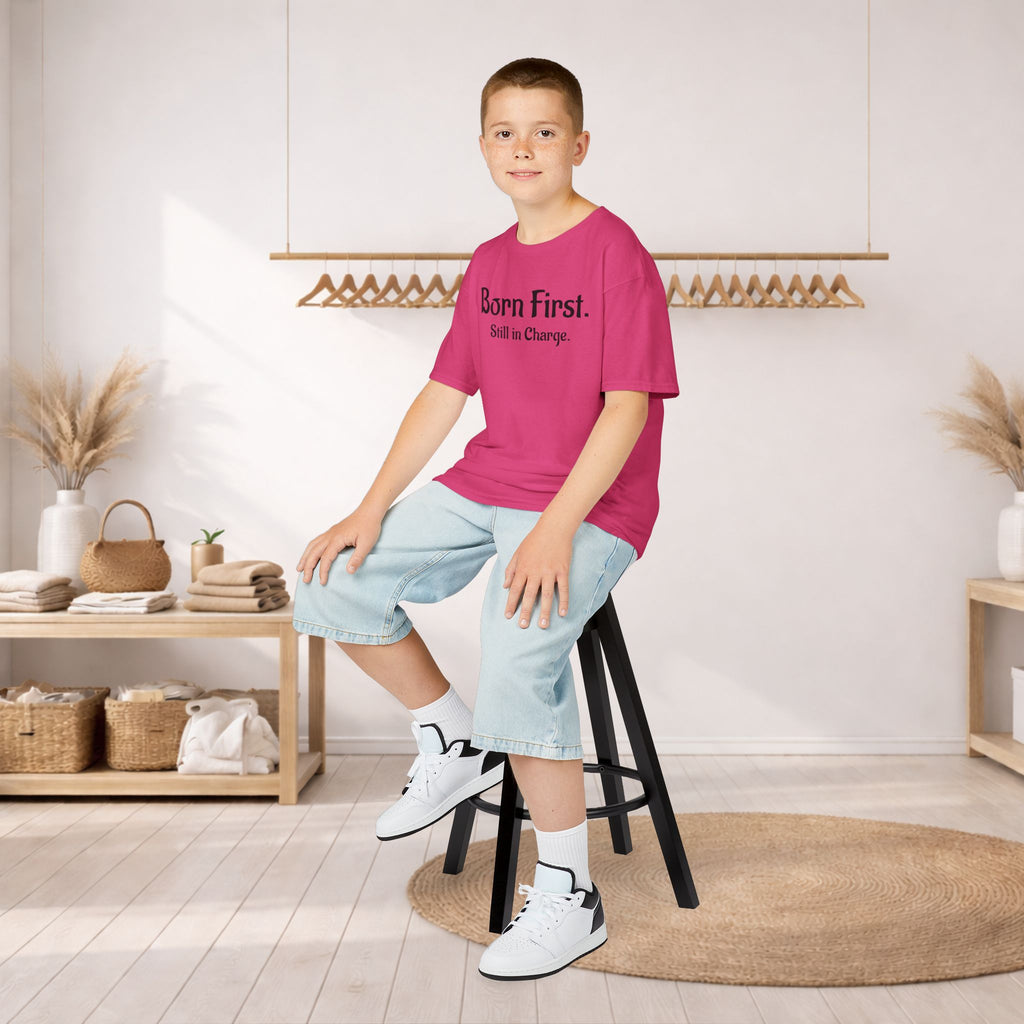 Kids Tee — "Born First. Still in Charge." Sibling Shirt