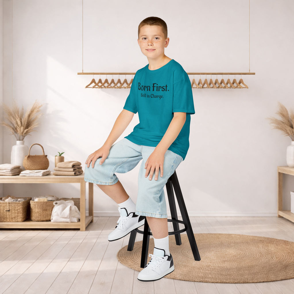 Kids Tee — "Born First. Still in Charge." Sibling Shirt