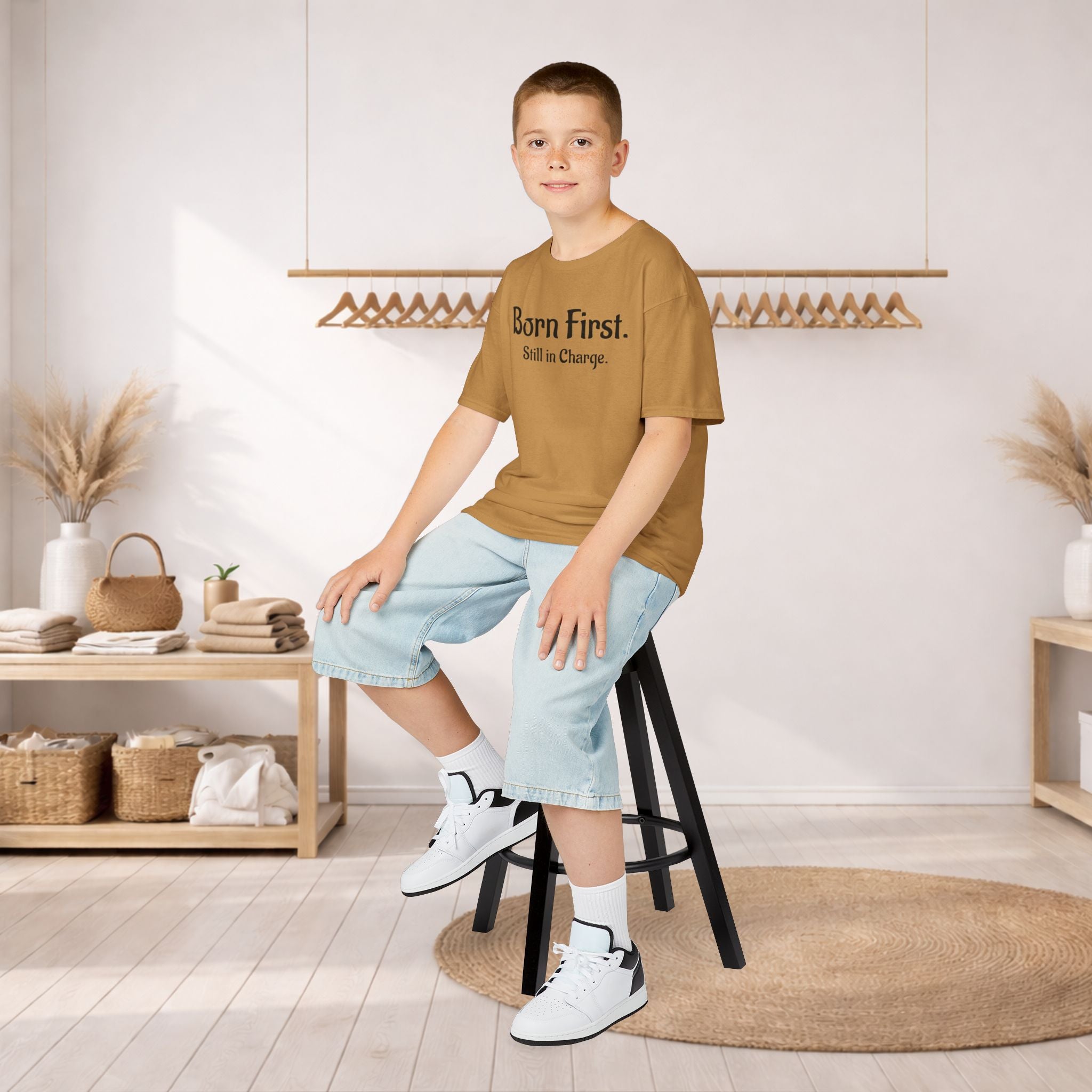 Kids Tee — "Born First. Still in Charge." Sibling Shirt