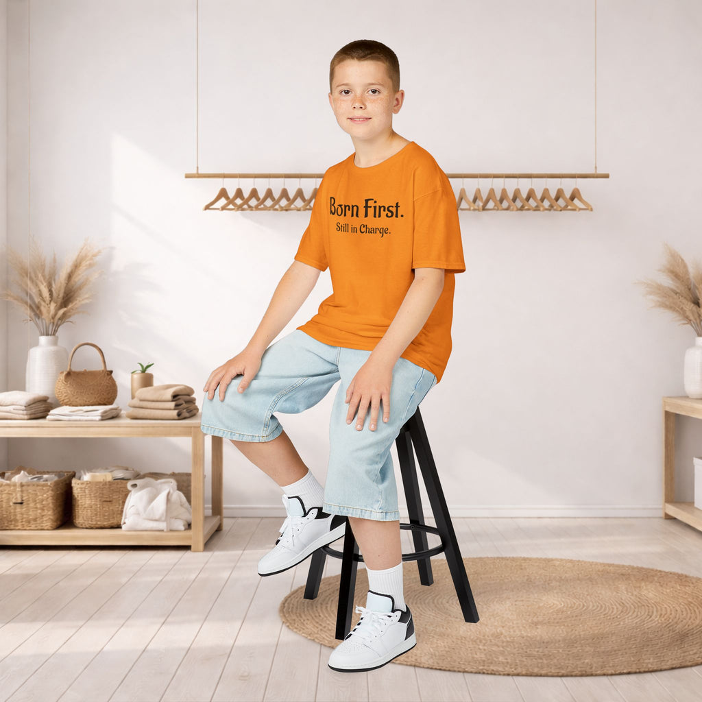 Kids Tee — "Born First. Still in Charge." Sibling Shirt